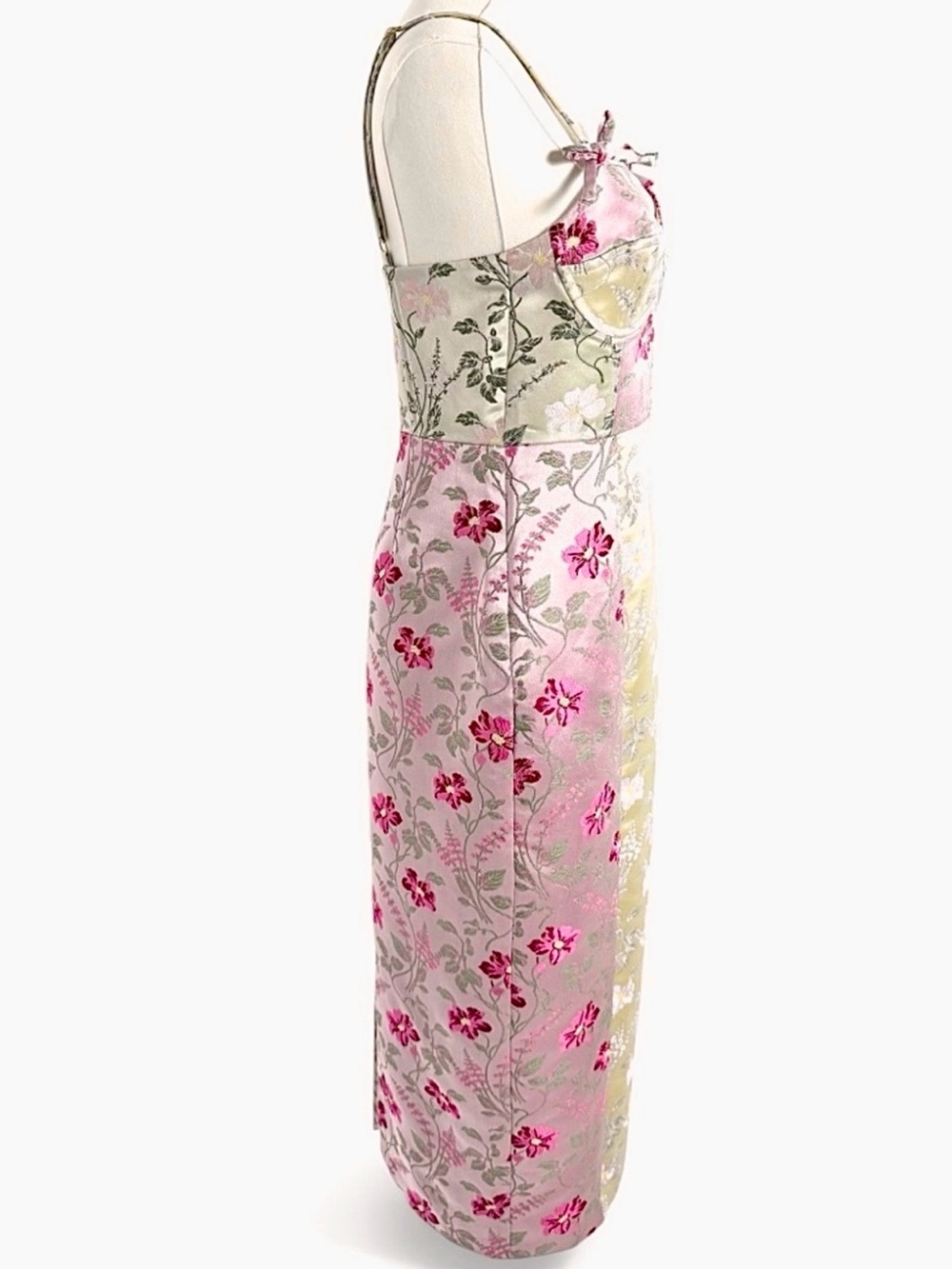 LoveShackFancy Floral Jacquard Bustier Midi Dress Pink Green Ivory Bow Strap 2 - Picture 4 of 12